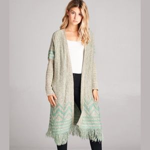 Mocha & Light Blue Fringed Cardigan Sweater